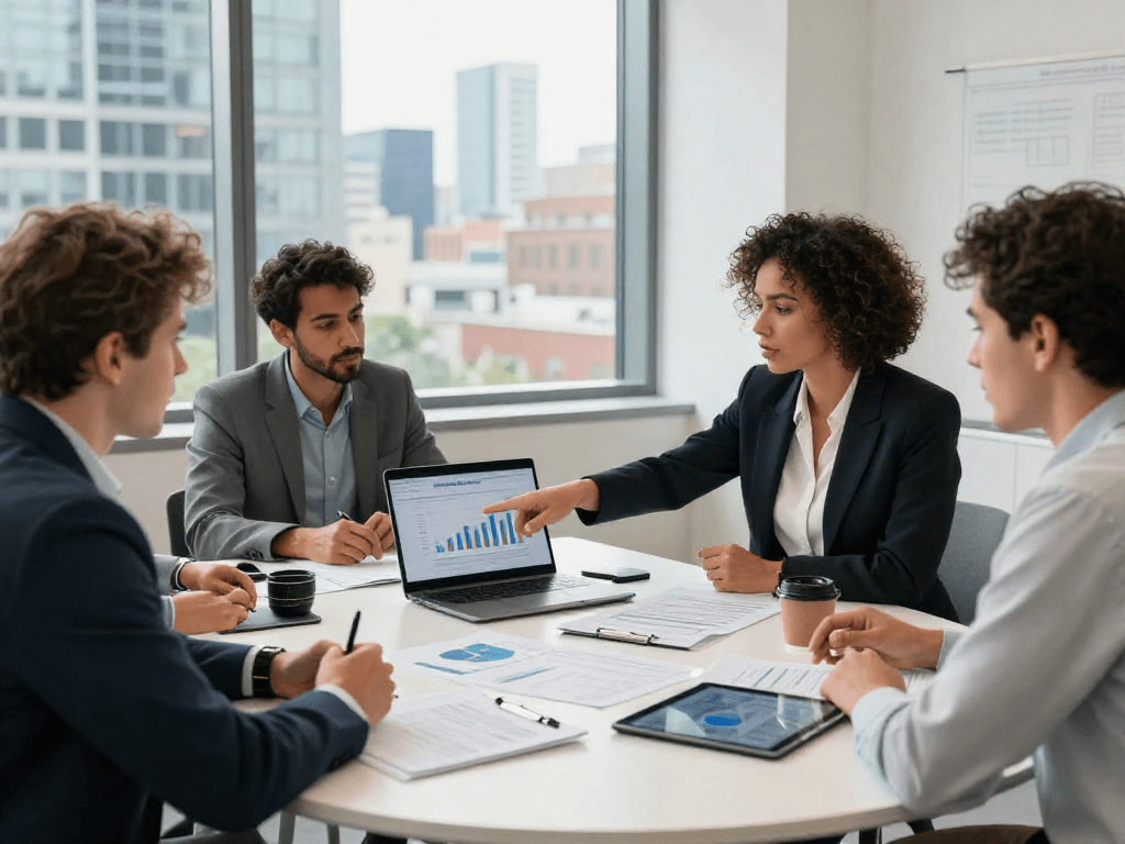 Zakelijke lening zonder jaarcijfers bespreken in een moderne kantooromgeving met ondernemers.