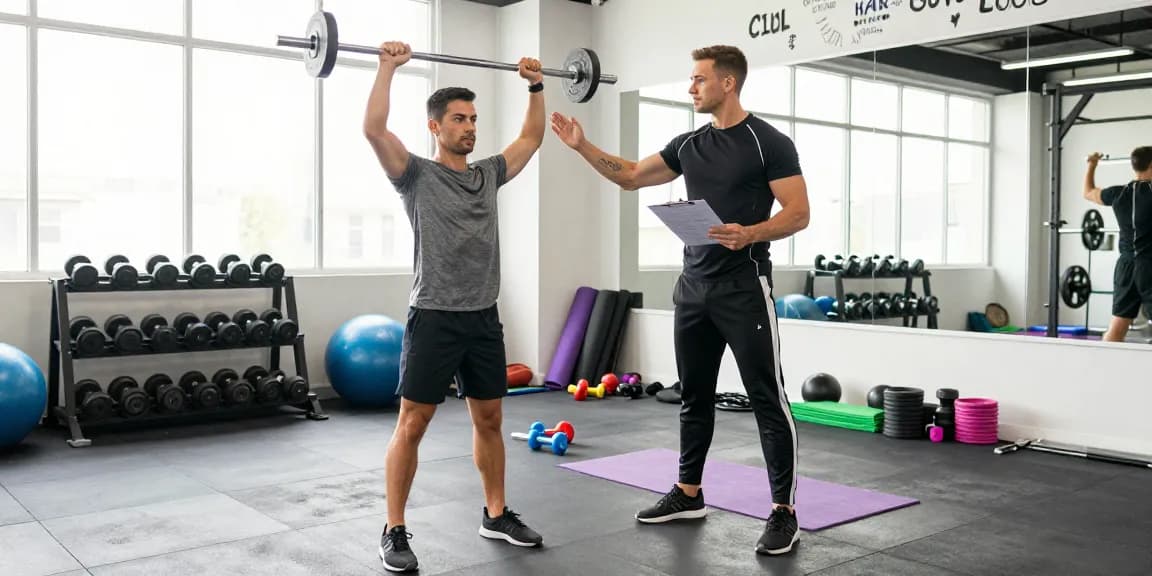 In een moderne gym helpt een trainer een klant bij het trainen met Unique Pharma Steroiden Winkel, met gewichten en fitnessmaterialen in een energieke sfeer.