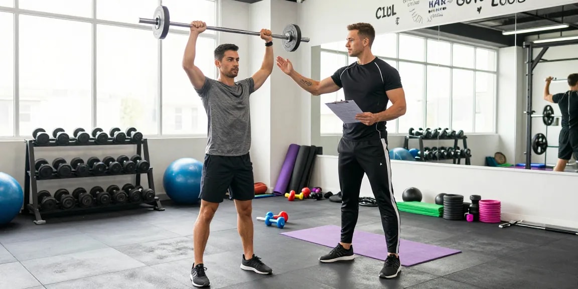 In een moderne gym helpt een trainer een klant bij het trainen met Unique Pharma Steroiden Winkel, met gewichten en fitnessmaterialen in een energieke sfeer.