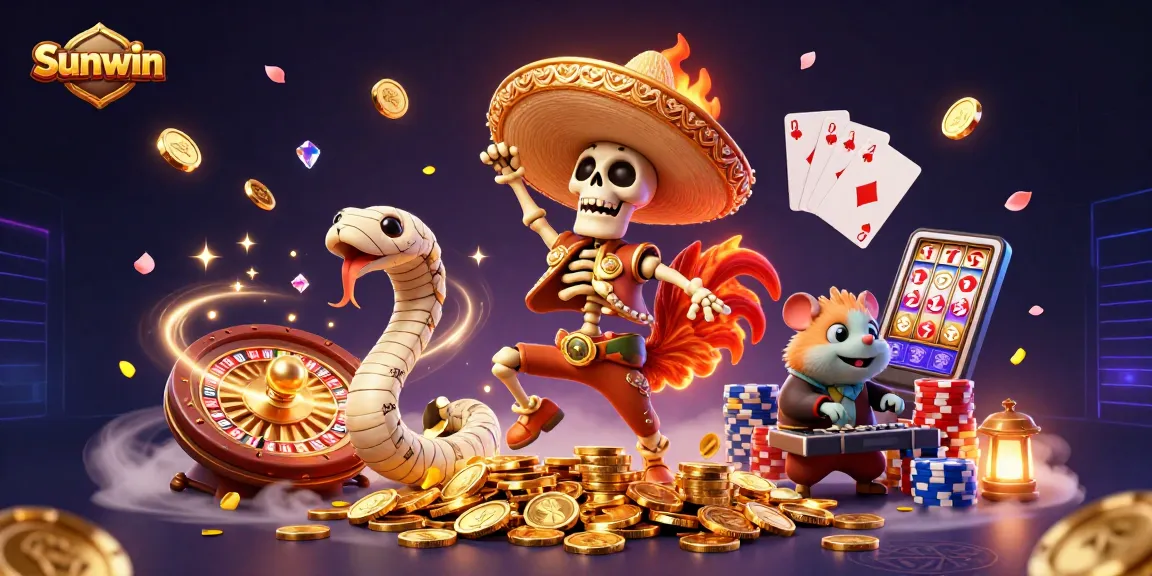 Sunwin players celebrate wins with a vibrant 3D scene featuring a mariachi rooster and festive elements.