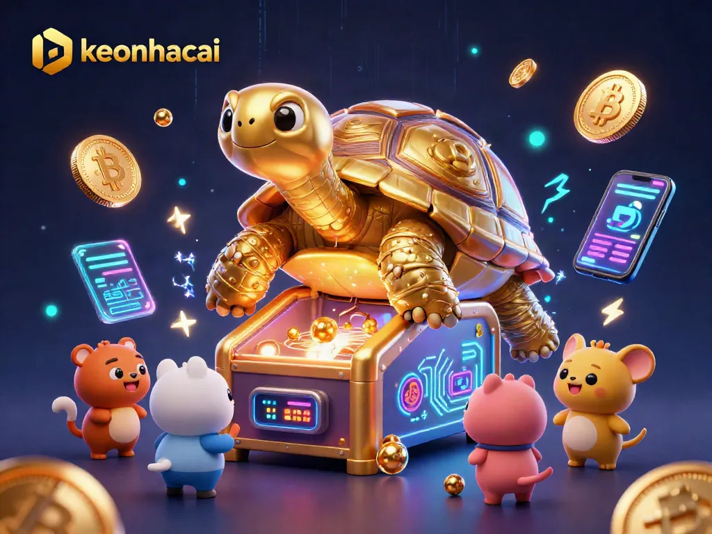 Engage with the vibrant keonhacai scene featuring a golden tortoise pinball machine amidst digital coins and thrilling elements.