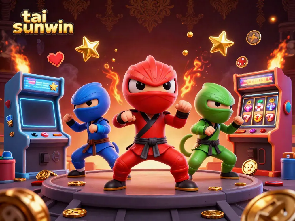 Experience exciting gameplay with tai sunwin as cartoon ninjas celebrate with thrilling casino elements.