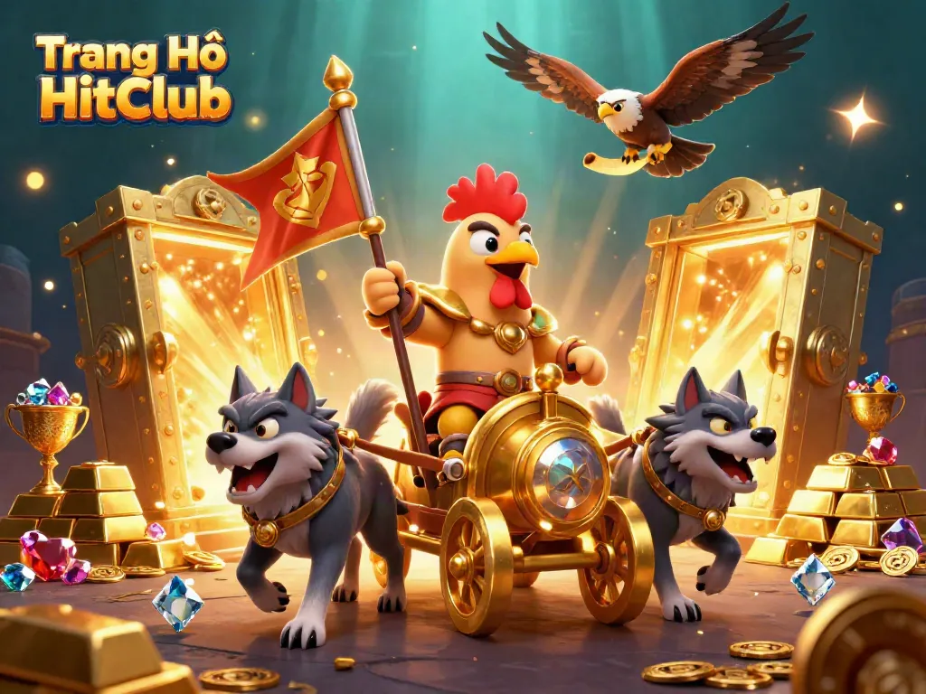 Experience thrilling adventures at Trang Chủ HitClub with a dynamic 3D casino scene showcasing a golden war chariot and treasures.