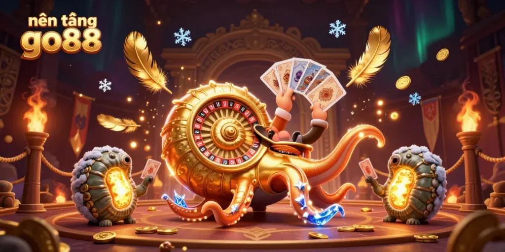 Engage with the vibrant nền tảng go88, showcasing an ancient nautilus interacting with cards and roulette features in a dynamic casino scene.