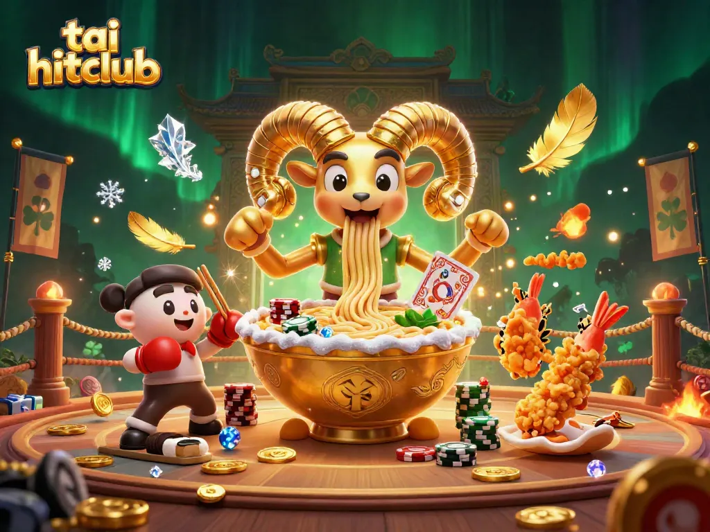 Engage in exciting gameplay at tai hitclub with a captivating golden ramen bowl character and lively casino elements.