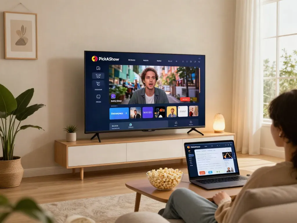 Streaming content on a smart TV with the PickAShow APK in a cozy living room setting.