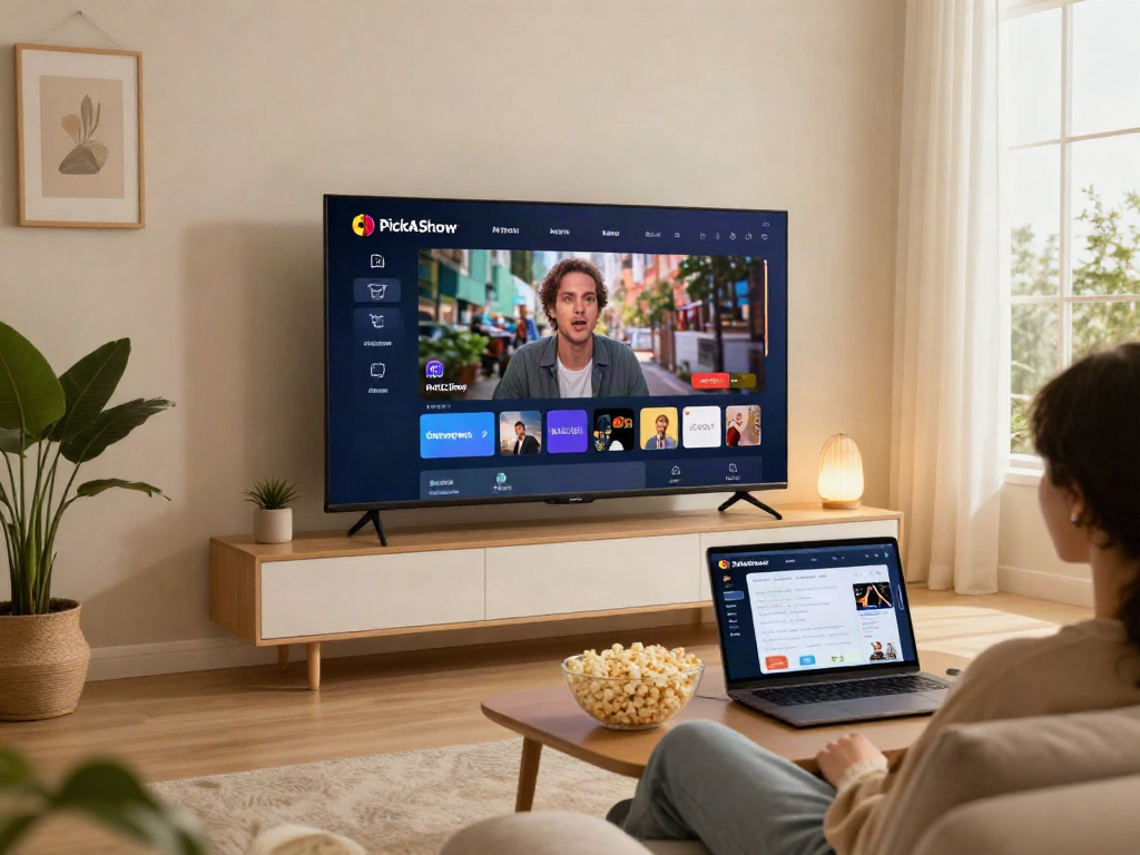 Streaming content on a smart TV with the PickAShow APK in a cozy living room setting.