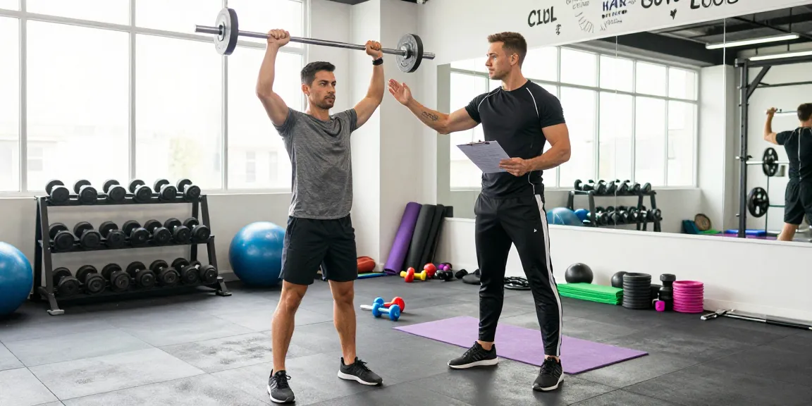 In een moderne gym helpt een trainer een klant bij het trainen met Unique Pharma Steroiden Winkel, met gewichten en fitnessmaterialen in een energieke sfeer.