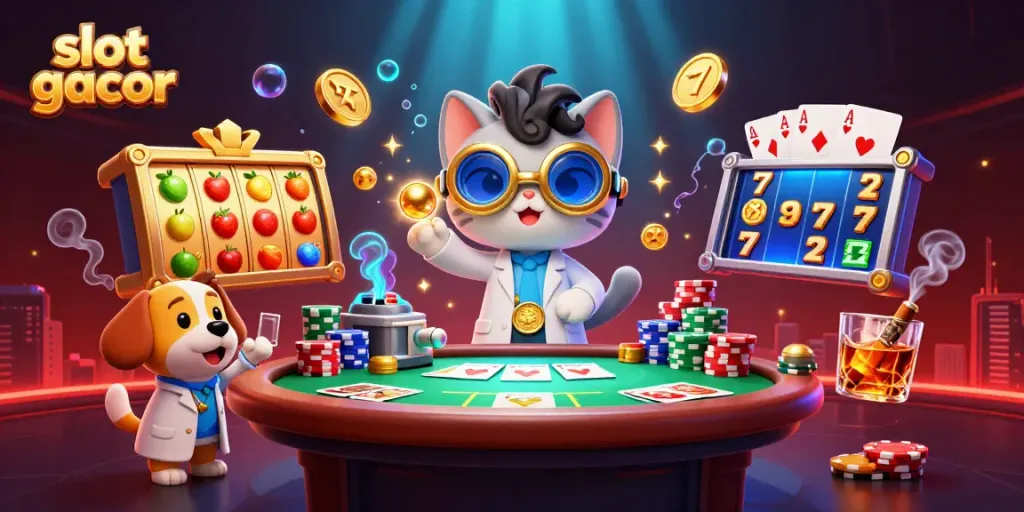 Engage in exciting slot gacor gameplay with a mad scientist and dog surrounded by colorful casino elements.