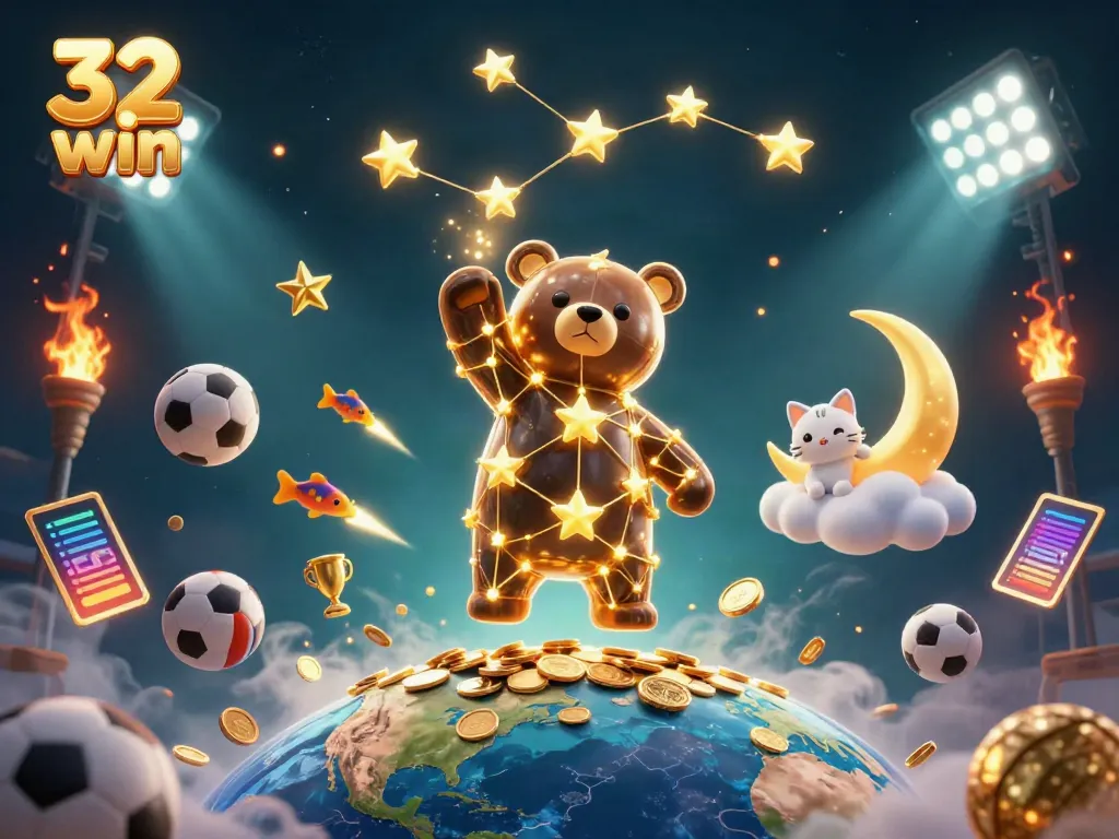 Engage with the excitement of 32 win as the constellation bear scoops coins surrounded by sports balls and gold elements.