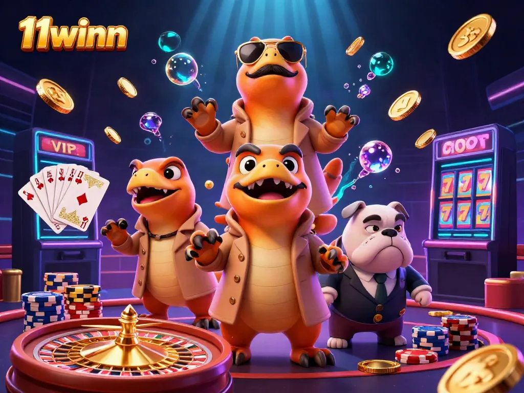 Experience the excitement of 11winn with three raptors in a trench coat entering a VIP lounge next to a bulldog bouncer.