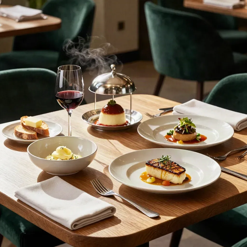 Chefmenu met drie gangen op crème keramiek, brood, saus en wijn in warme restaurantsfeer.