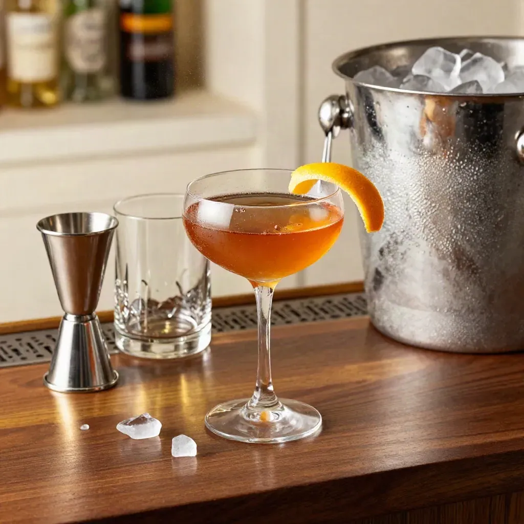 Coupé cocktail met citroenschil, jigger en ijsbak op donkere bar, met condens en mist