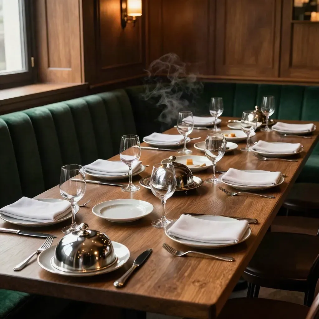 Lange privétafel in warme dining room, gedekte borden, cloches en zacht avondlicht.