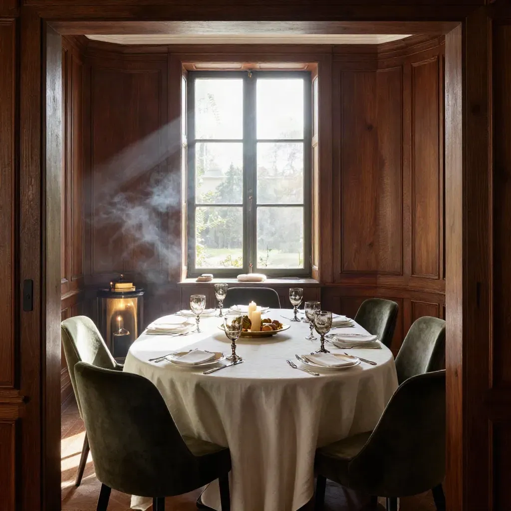 Stille privédiner tafel in een houten paneelkamer met kaarsen en een gedeeld gerecht.