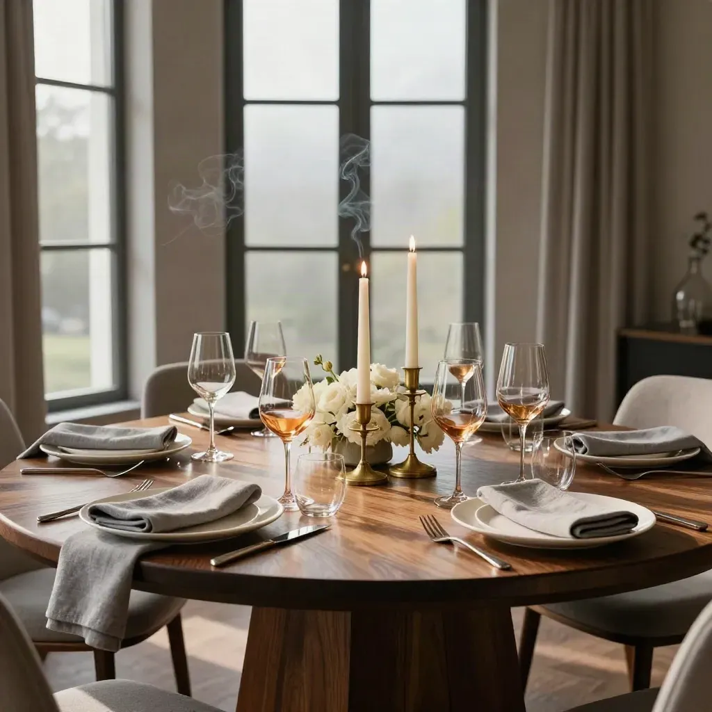 Ronde dinertafel met gedekte plaatsen, bloemen en glazen in een privézaal, na het diner