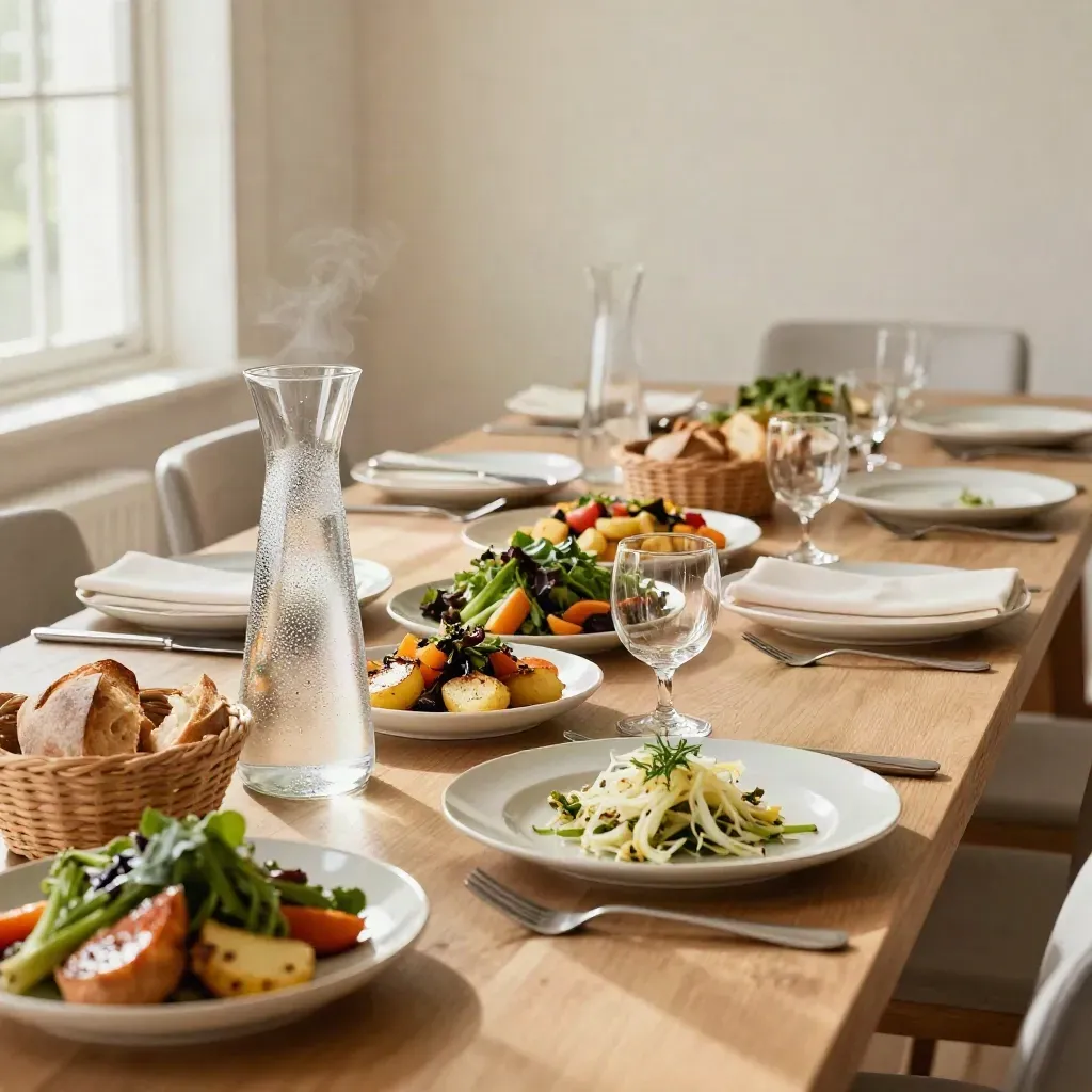 Gemeenschappelijke lunchtafel met seizoensgerechten, waterkaraf en broodmanden in warm daglicht.