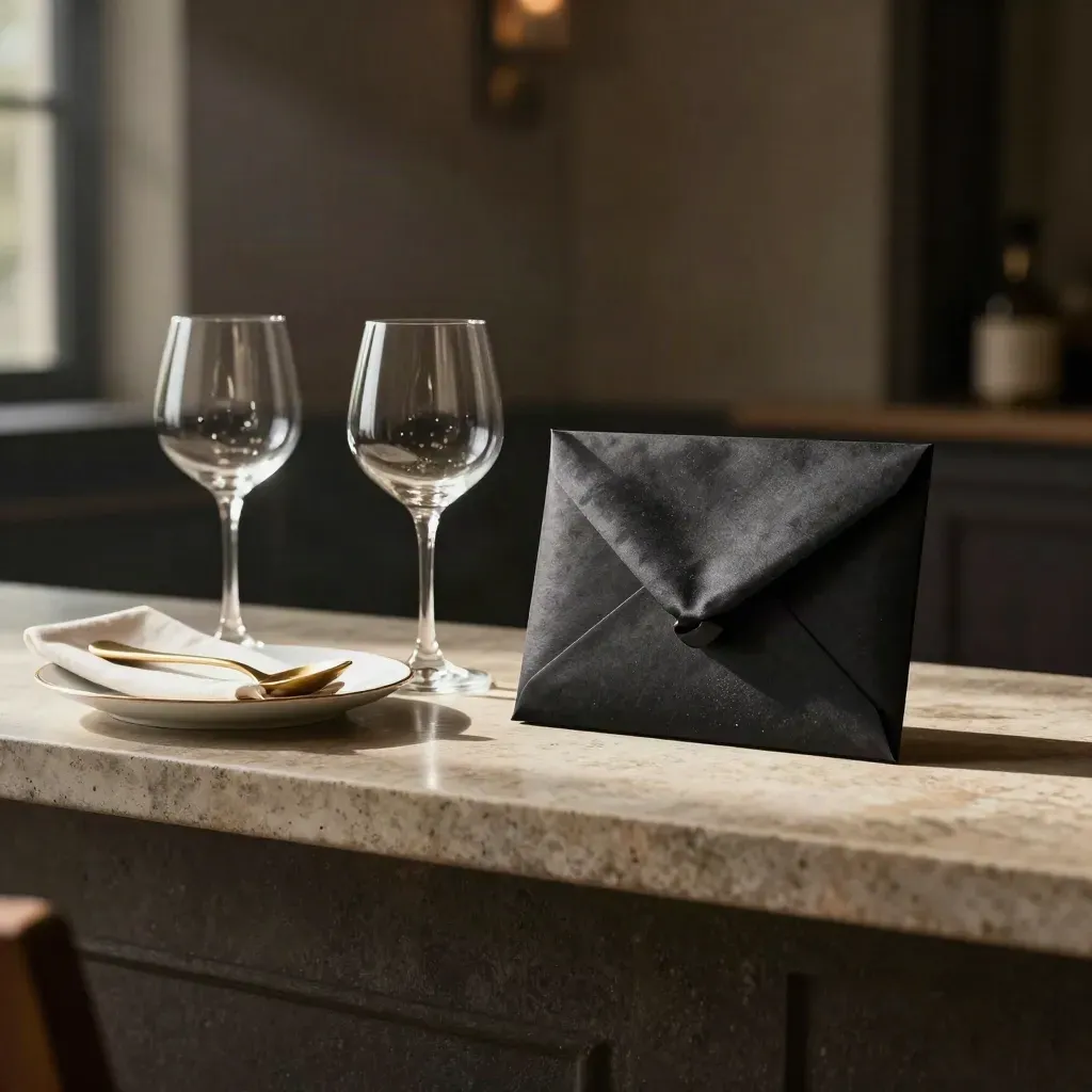 Giftvouchers in een luxe zwart doosje met coupeglazen op een stenen rand.