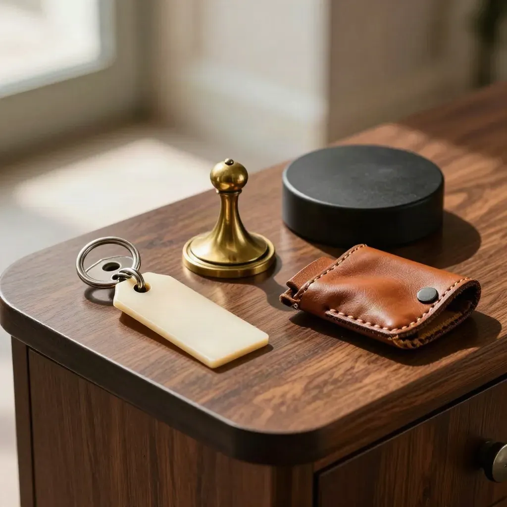 Brass hostelementen op een donker houten console bij de entree.