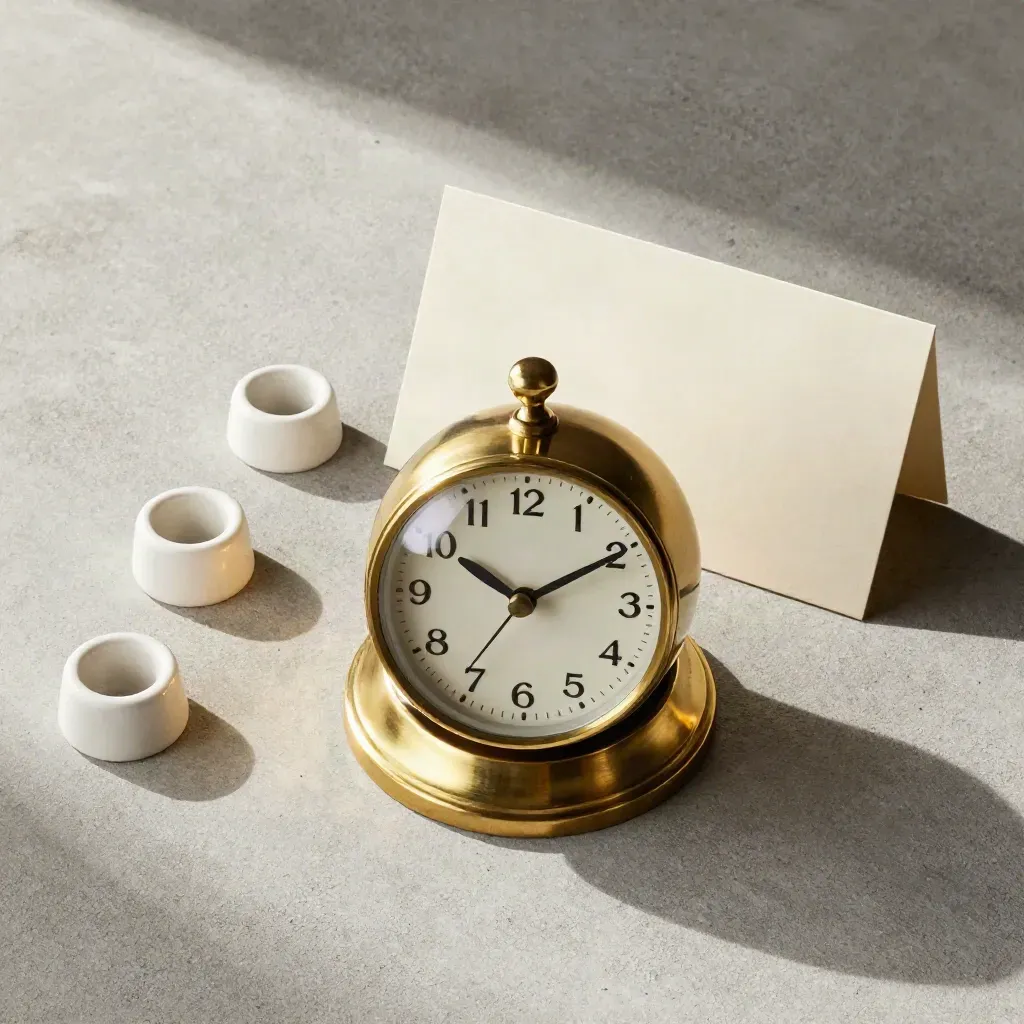 Bovenaanzicht van een brass klok, bel en drie keramische datumblokjes op beton.