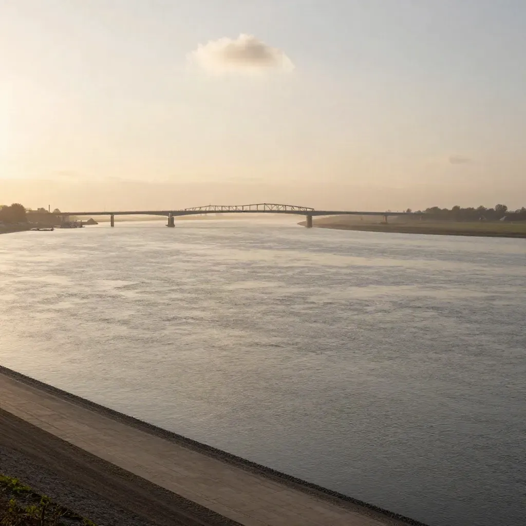 Rivierbocht bij Rijnmond met bruggen en industrie in warme avondmist