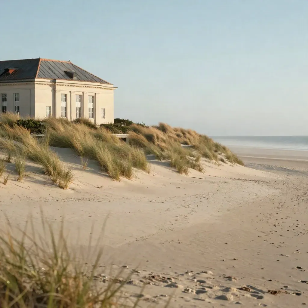Kurhaus en duinen in gouden avondlicht boven een rustige zeehorizon