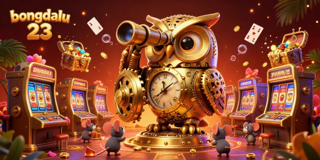 Experience the excitement of bongdalu 23 with our unique casino scene featuring a golden owl, wind-up mice, and dynamic game elements.