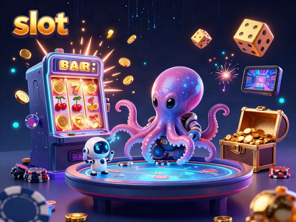 Experience thrilling slot gameplay as a cartoon alien octopus navigates a jackpot explosion in a vibrant casino scene.