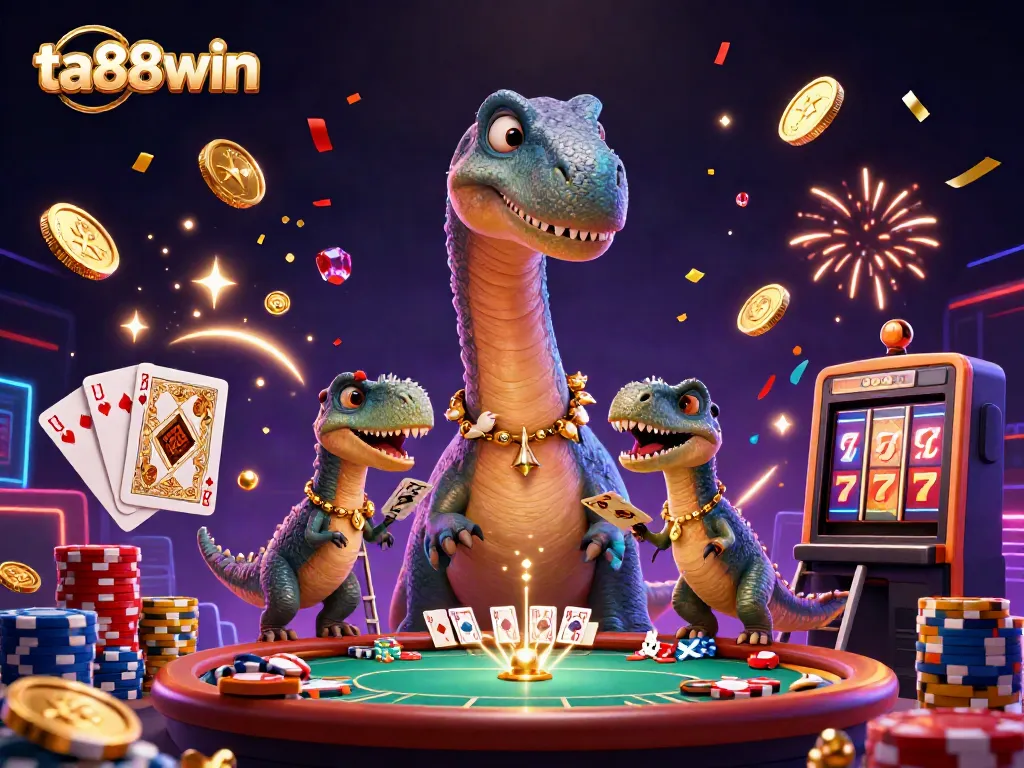 Engage with ta88win in a vibrant casino scene showcasing a giant brontosaurus, a clever raptor dealing cards, and a lively atmosphere filled with gold coins and gems.