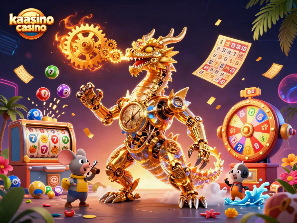 Experience thrilling gameplay at kaasino casino with vibrant lottery elements, slot reels, and colorful characters.