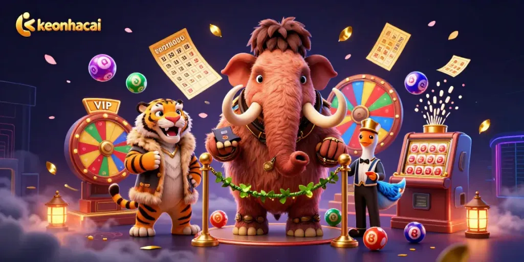 Enhance your chances with keonhacai's vibrant lottery scene showcasing dynamic gaming elements and engaging characters.