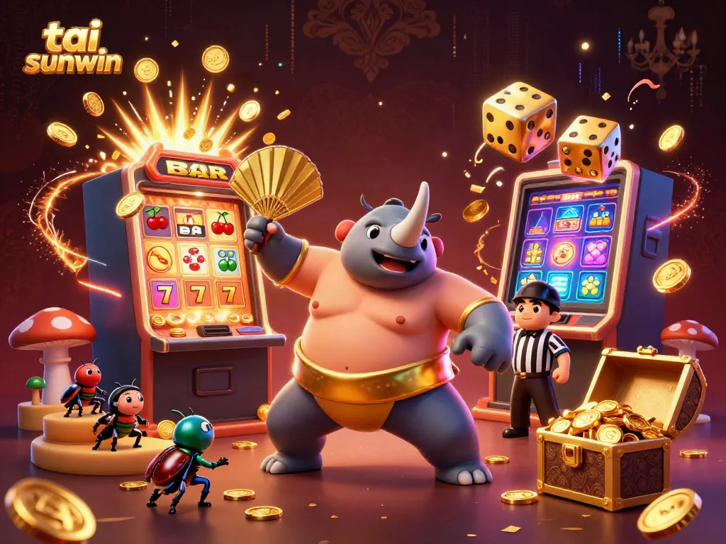 Experience the excitement of tai sunwin with 3D beetle champion winning coins in a lavish casino setting.
