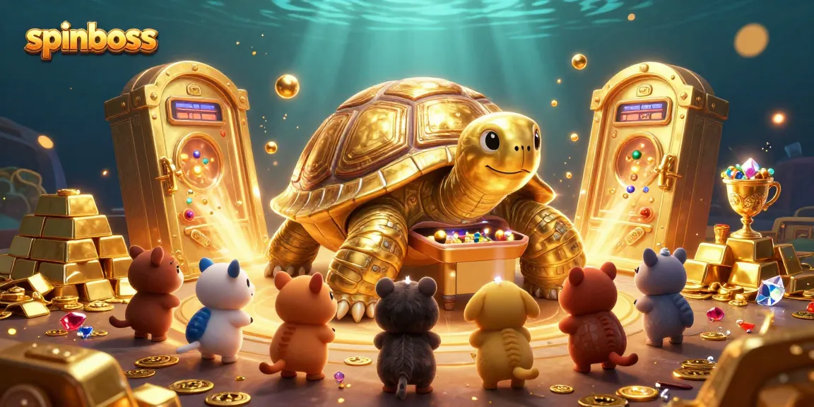 SpinBoss captures excitement with a golden tortoise pinball machine in a festive casino scene.