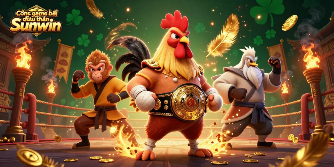 Engage with Cổng game bài đổi thưởng Sunwin through this vibrant illustration of a fierce rooster and martial artists in a dynamic casino scene.