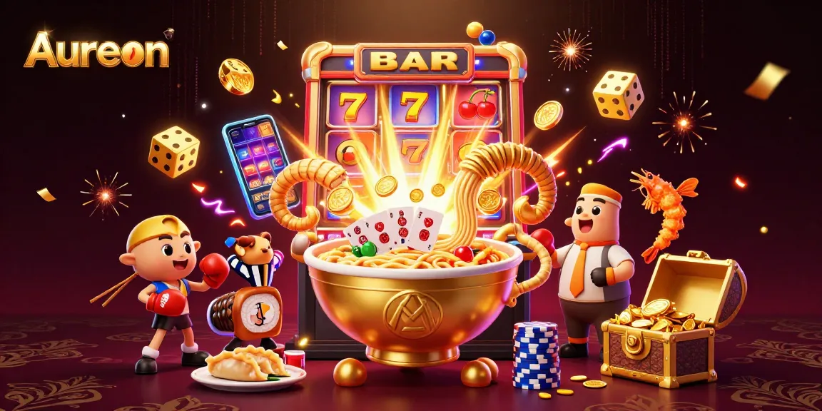 Aureon casino's vibrant 3D cartoon scene featuring giant ramen bowl dealer and dynamic game elements.